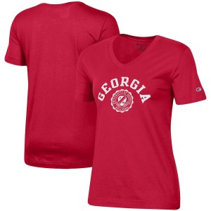 Women Georgia Bulldogs Red Champion University College Seal V-Neck College Football T-Shirt 999519-208